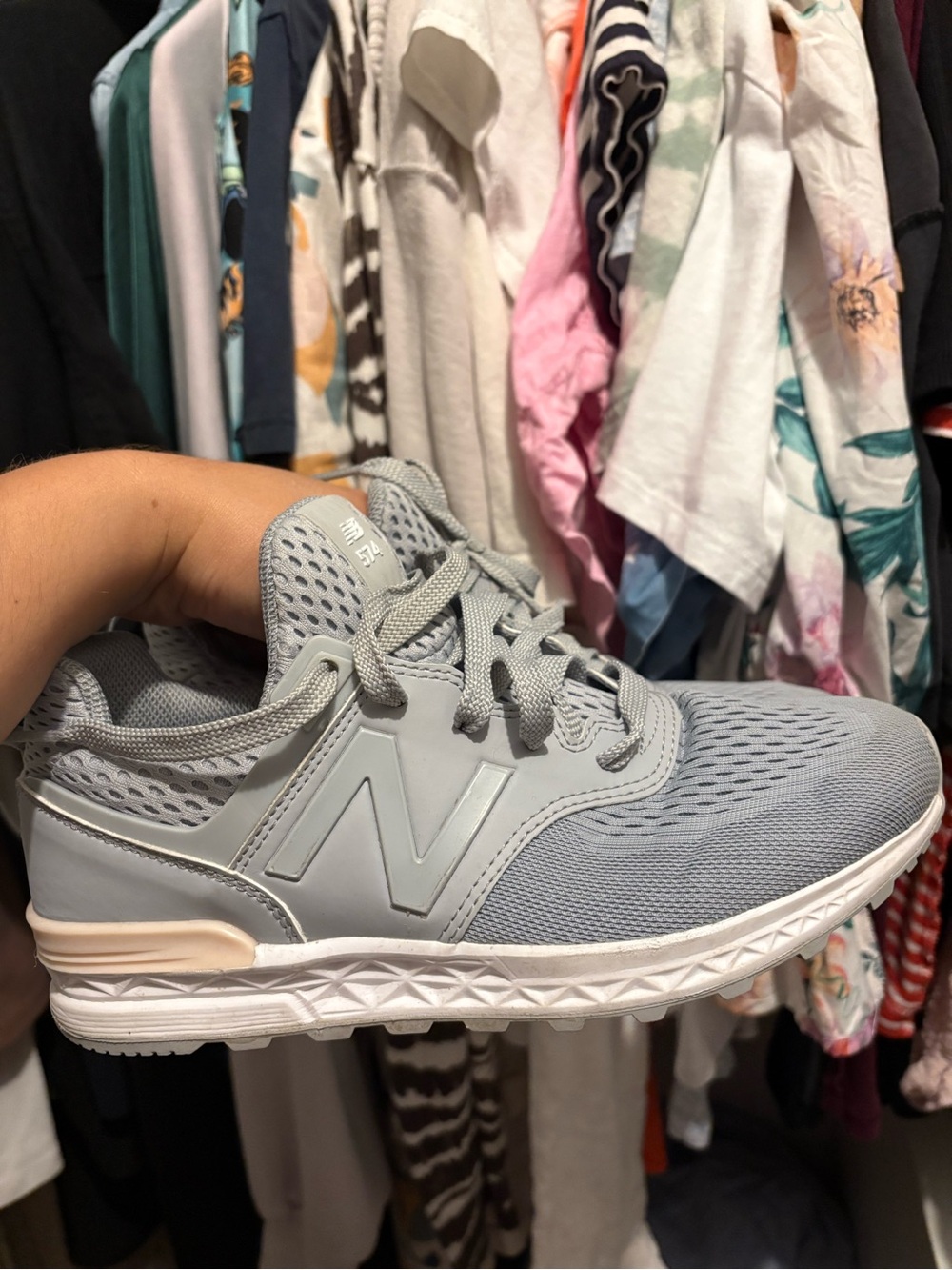 Women New Balance grey with white and pink accents